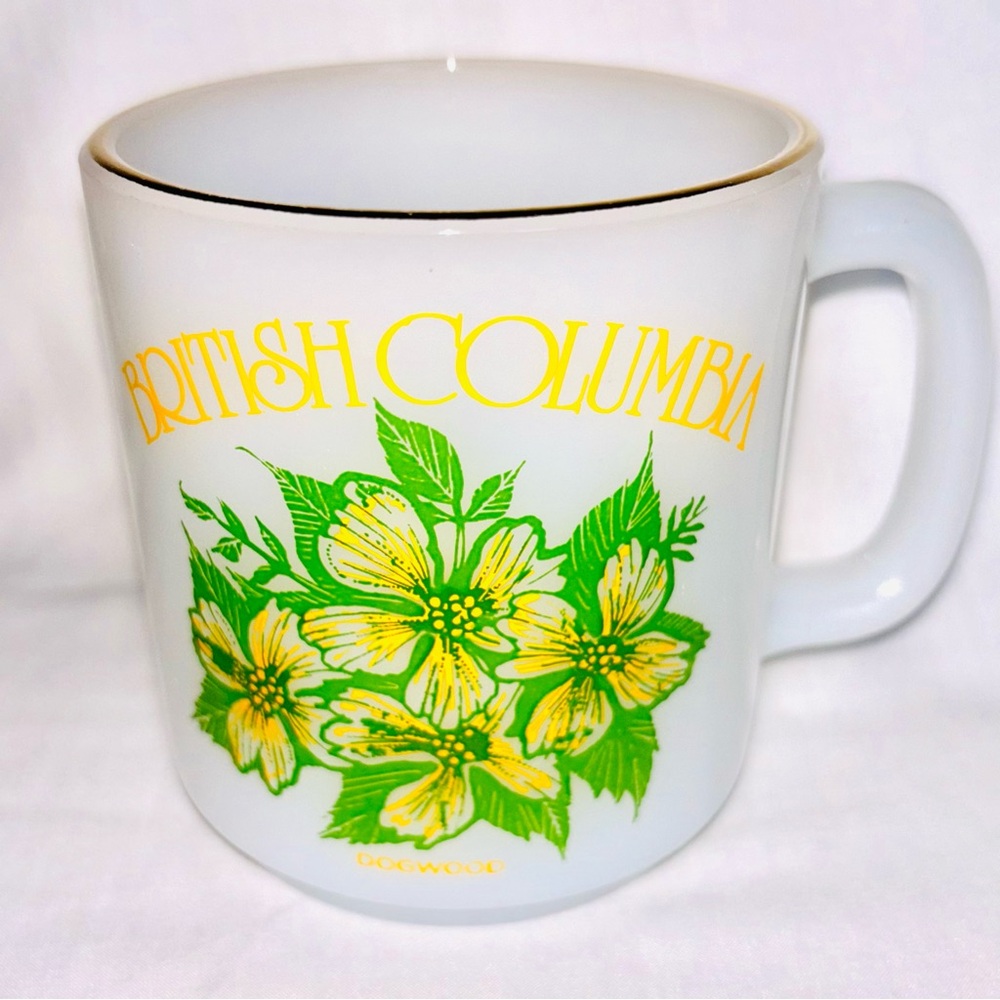 Vintage Glasbake Mug Provincial Flower BC Dogwood British Columbia Milk Glass